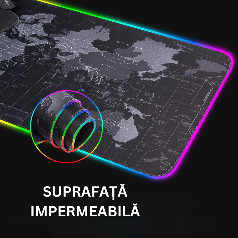 Mousepad Mare Cauciucat, Pentru Gaming, Birou, Office, cu Iluminare LED RGB, Antiderapant, Cusaturi Anti-Rupere, Waterproof, model Harta Lumii, Cablu USB Inclus, 80 x 30cm, Negru