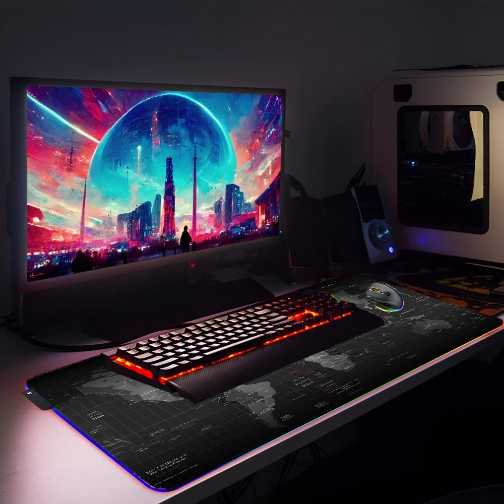 Mousepad Mare Cauciucat, Pentru Gaming, Birou, Office, cu Iluminare LED RGB, Antiderapant, Cusaturi Anti-Rupere, Waterproof, model Harta Lumii, Cablu USB Inclus, 80 x 30cm, Negru