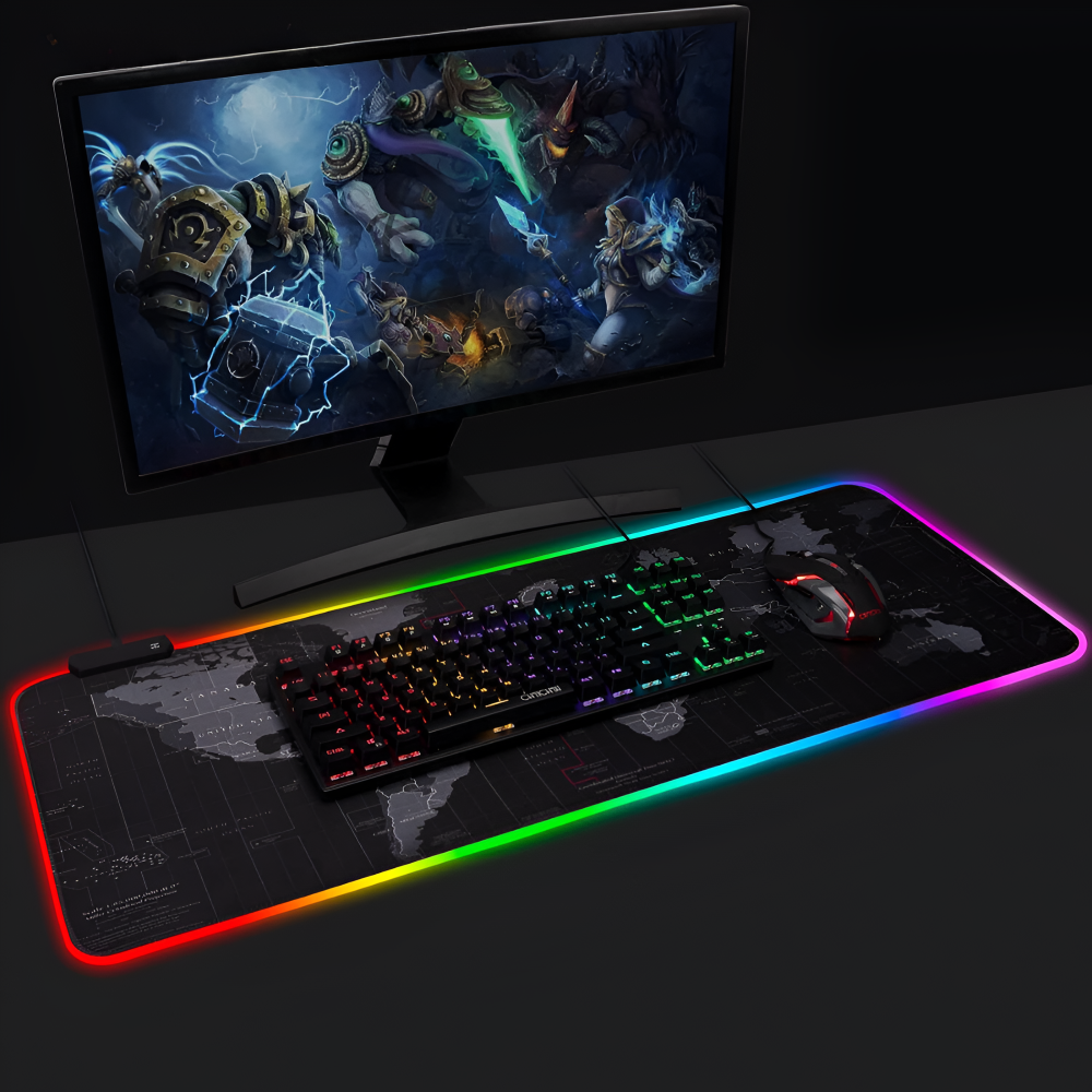 Mousepad Mare Cauciucat, Pentru Gaming, Birou, Office, cu Iluminare LED RGB, Antiderapant, Cusaturi Anti-Rupere, Waterproof, model Harta Lumii, Cablu USB Inclus, 80 x 30cm, Negru