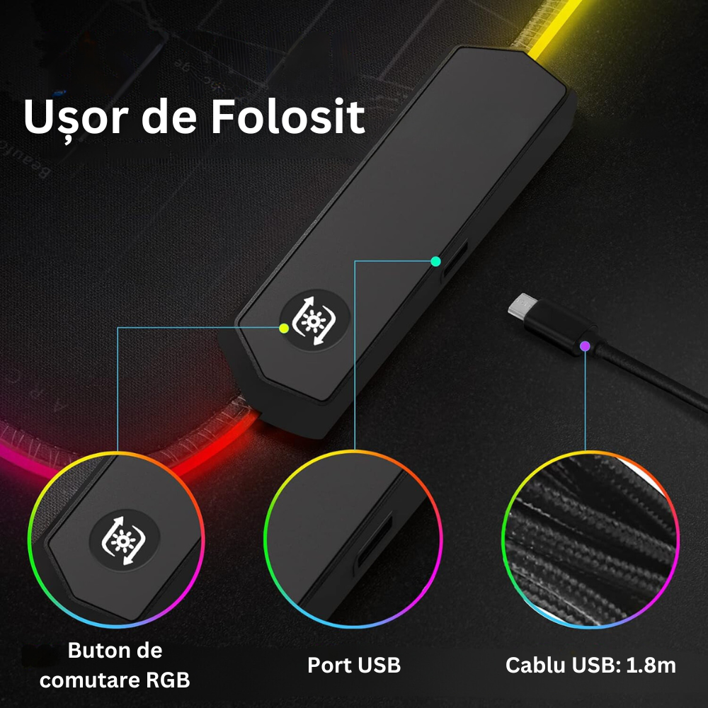 Mousepad Mare Cauciucat, Pentru Gaming, Birou, Office, cu Iluminare LED RGB, Antiderapant, Cusaturi Anti-Rupere, Waterproof, model Harta Lumii, Cablu USB Inclus, 80 x 30cm, Negru