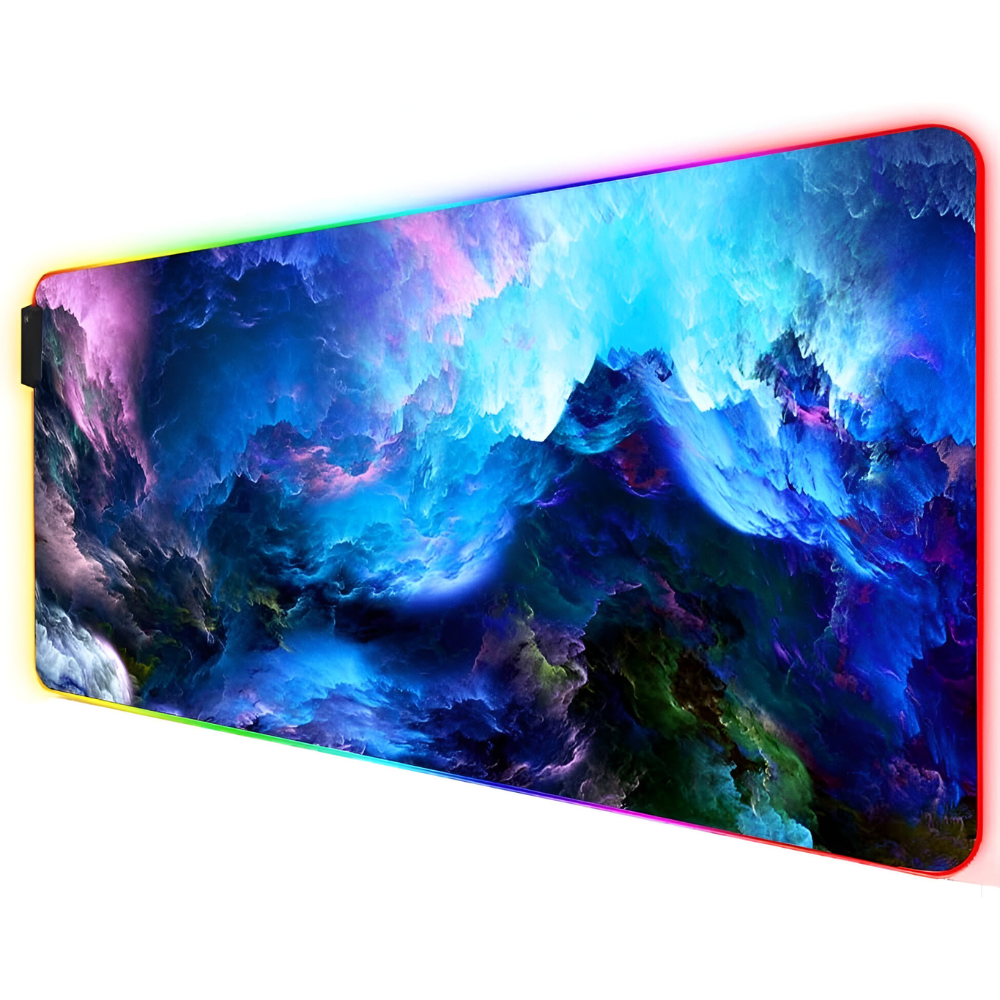 Mousepad Mare Cauciucat, Pentru Gaming, Birou, Office, cu Iluminare LED RGB, Antiderapant, Cusaturi Anti-Rupere, Waterproof, model Valuri, Cablu USB Inclus, 80 x 30cm, Multicolor