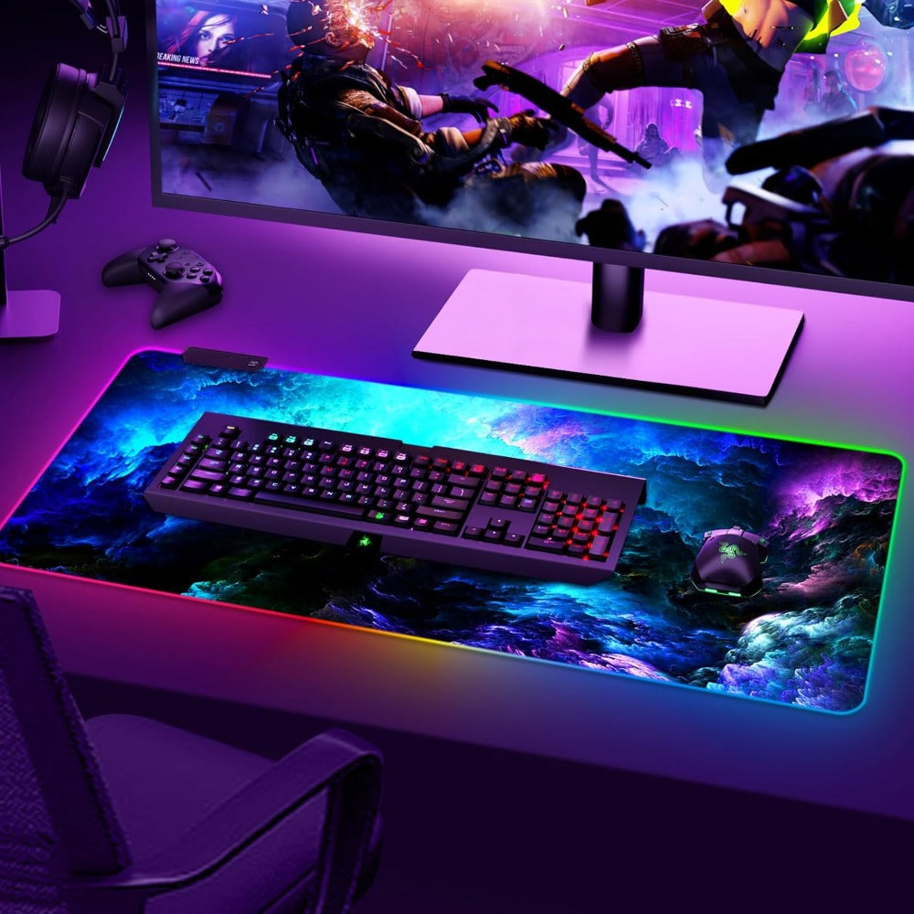 Mousepad Mare Cauciucat, Pentru Gaming, Birou, Office, cu Iluminare LED RGB, Antiderapant, Cusaturi Anti-Rupere, Waterproof, model Valuri, Cablu USB Inclus, 80 x 30cm, Multicolor