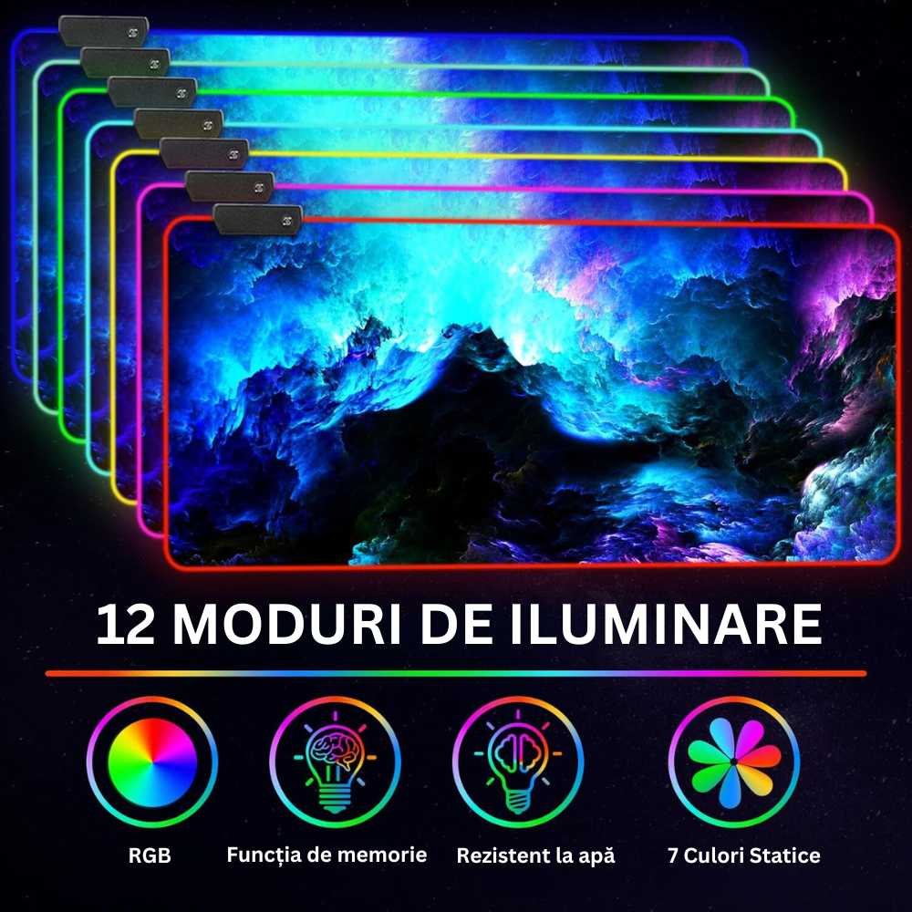 Mousepad Mare Cauciucat, Pentru Gaming, Birou, Office, cu Iluminare LED RGB, Antiderapant, Cusaturi Anti-Rupere, Waterproof, model Valuri, Cablu USB Inclus, 80 x 30cm, Multicolor