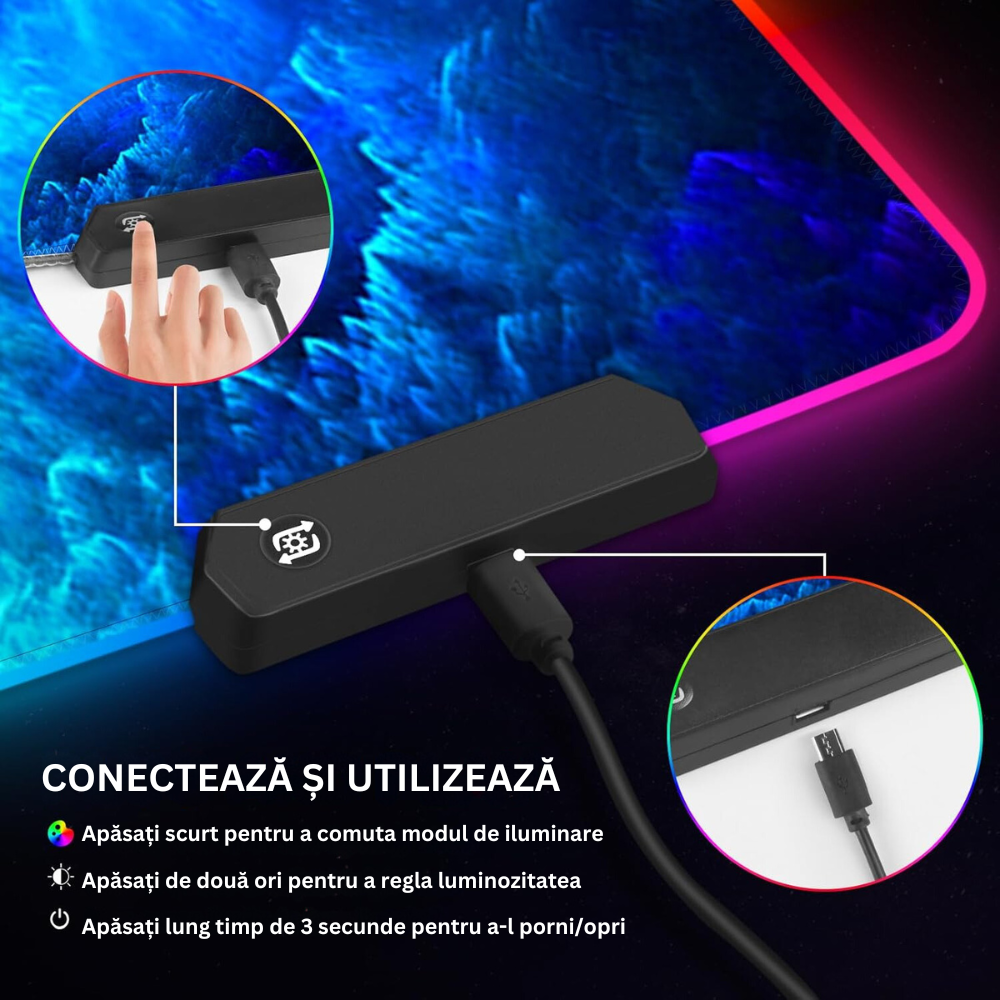 Mousepad Mare Cauciucat, Pentru Gaming, Birou, Office, cu Iluminare LED RGB, Antiderapant, Cusaturi Anti-Rupere, Waterproof, model Valuri, Cablu USB Inclus, 80 x 30cm, Multicolor