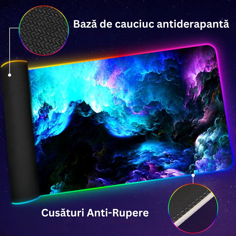 Mousepad Mare Cauciucat, Pentru Gaming, Birou, Office, cu Iluminare LED RGB, Antiderapant, Cusaturi Anti-Rupere, Waterproof, model Valuri, Cablu USB Inclus, 80 x 30cm, Multicolor