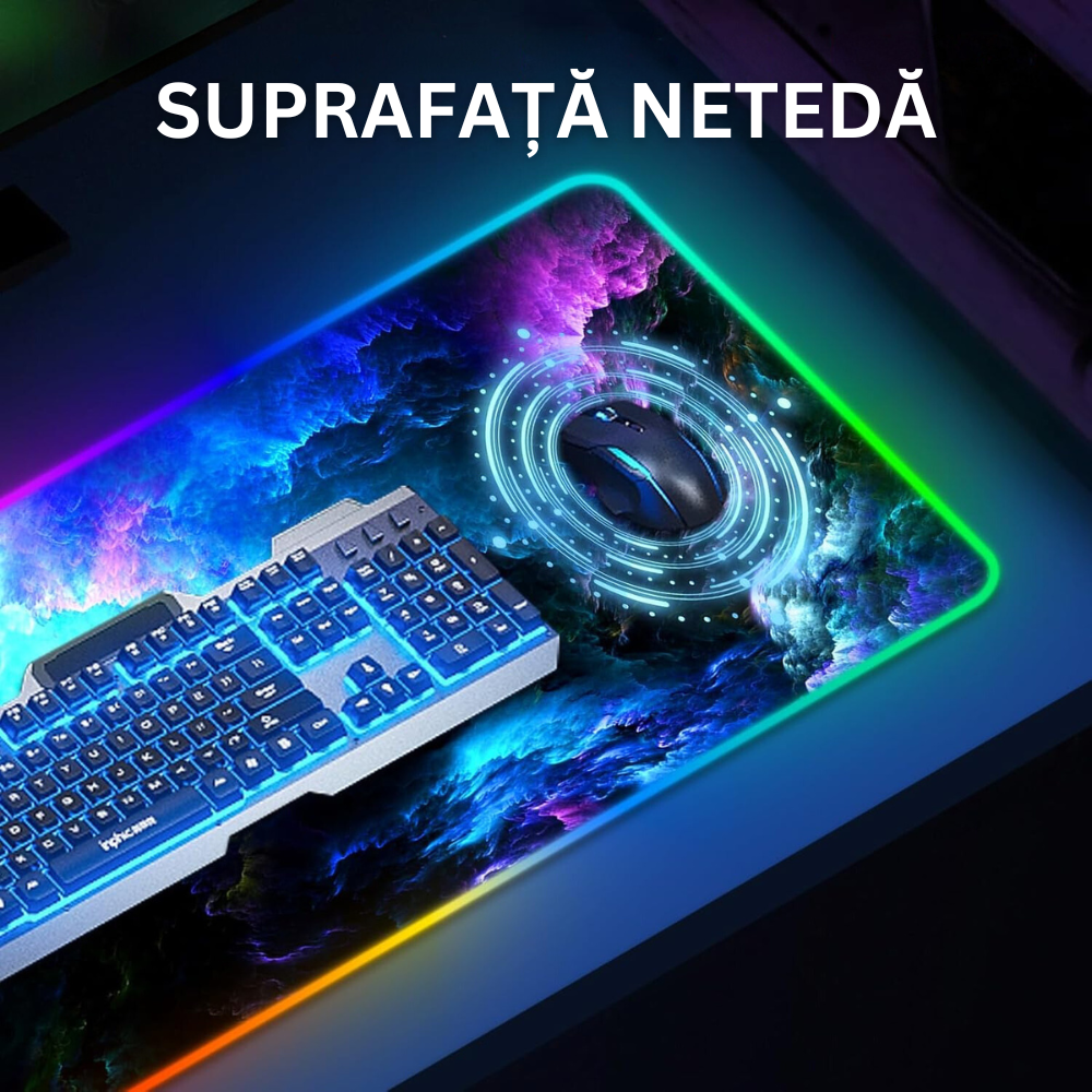 Mousepad Mare Cauciucat, Pentru Gaming, Birou, Office, cu Iluminare LED RGB, Antiderapant, Cusaturi Anti-Rupere, Waterproof, model Valuri, Cablu USB Inclus, 80 x 30cm, Multicolor