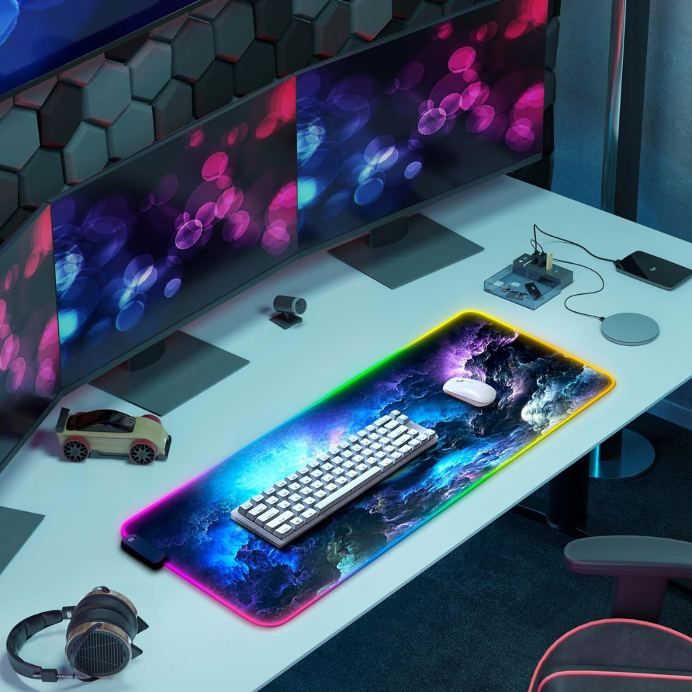 Mousepad Mare Cauciucat, Pentru Gaming, Birou, Office, cu Iluminare LED RGB, Antiderapant, Cusaturi Anti-Rupere, Waterproof, model Valuri, Cablu USB Inclus, 80 x 30cm, Multicolor