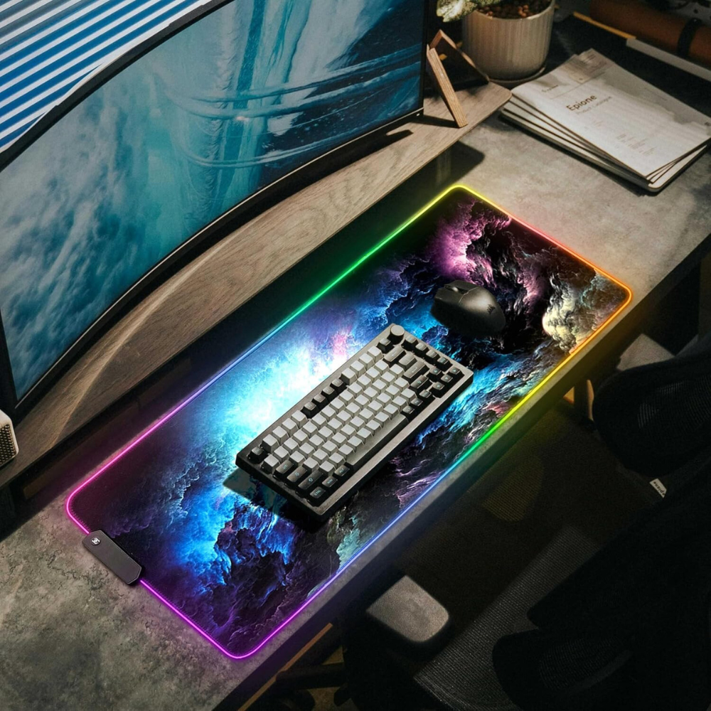 Mousepad Mare Cauciucat, Pentru Gaming, Birou, Office, cu Iluminare LED RGB, Antiderapant, Cusaturi Anti-Rupere, Waterproof, model Valuri, Cablu USB Inclus, 80 x 30cm, Multicolor