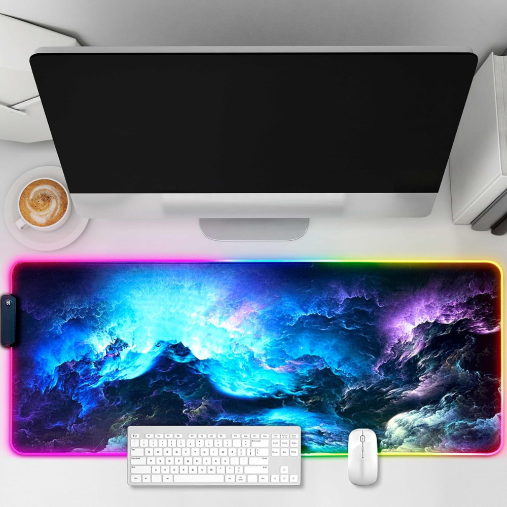 Mousepad Mare Cauciucat, Pentru Gaming, Birou, Office, cu Iluminare LED RGB, Antiderapant, Cusaturi Anti-Rupere, Waterproof, model Valuri, Cablu USB Inclus, 80 x 30cm, Multicolor