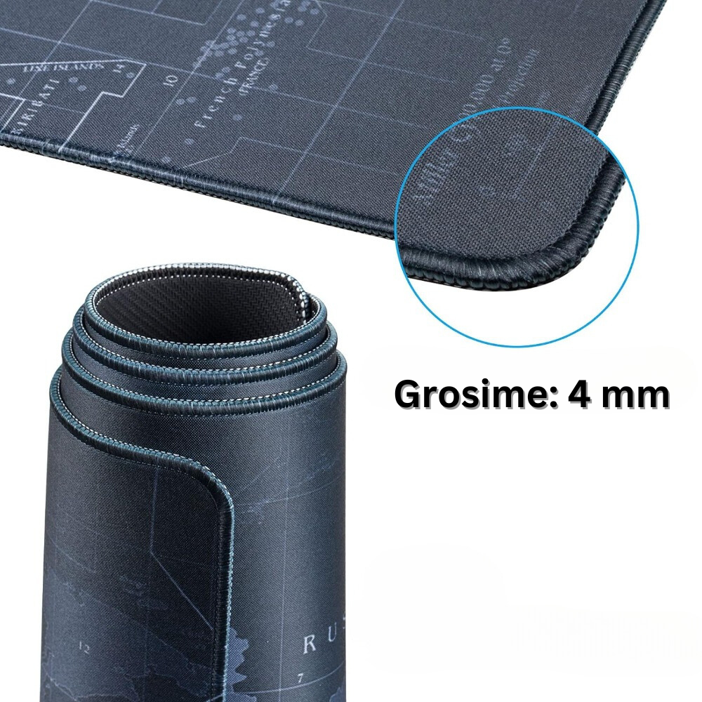Mousepad Mare Cauciucat pentru Gaming, Birou, Office, Antiderapant, Cusaturi Anti-Rupere, Waterproof, model Harta Lumii, 90 x 40cm, Negru/Albastru