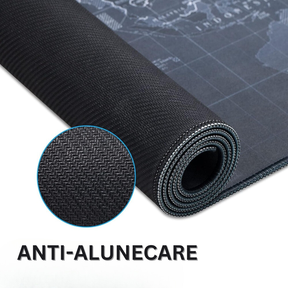 Mousepad Mare Cauciucat pentru Gaming, Birou, Office, Antiderapant, Cusaturi Anti-Rupere, Waterproof, model Harta Lumii, 90 x 40cm, Negru/Albastru