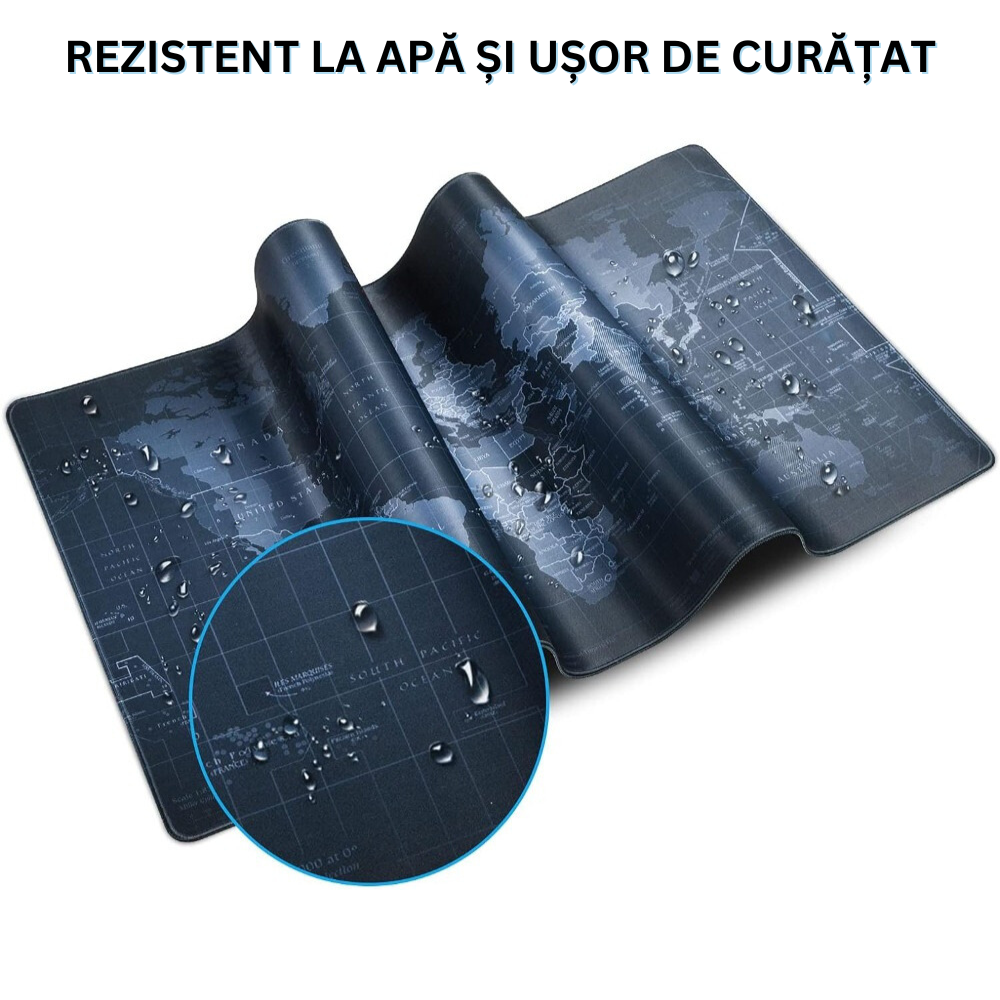 Mousepad Mare Cauciucat pentru Gaming, Birou, Office, Antiderapant, Cusaturi Anti-Rupere, Waterproof, model Harta Lumii, 90 x 40cm, Negru/Albastru