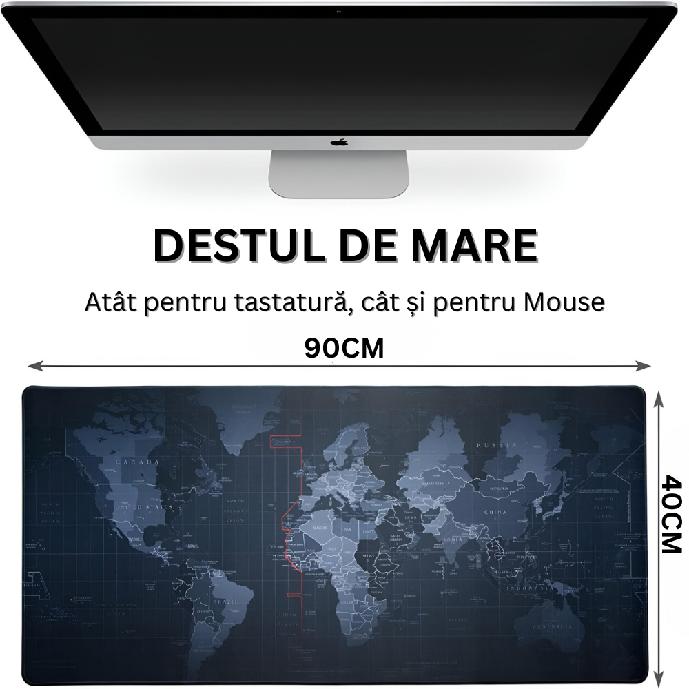 Mousepad Mare Cauciucat pentru Gaming, Birou, Office, Antiderapant, Cusaturi Anti-Rupere, Waterproof, model Harta Lumii, 90 x 40cm, Negru/Albastru
