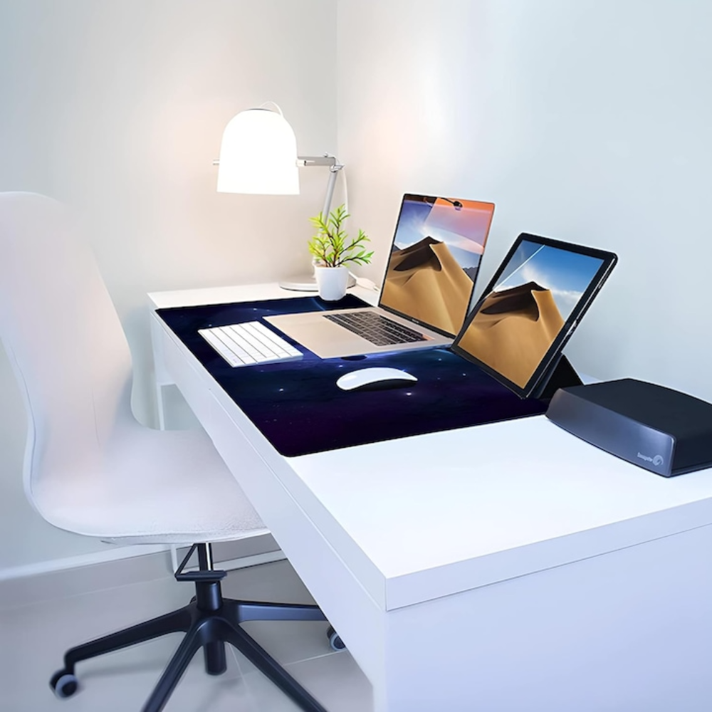 Mousepad Mare Cauciucat, Pentru Gaming, Birou, Office, Antiderapant, Cusaturi Anti-Rupere, Waterproof, model Cosmos, 90 x 40cm, Albastru/Negru