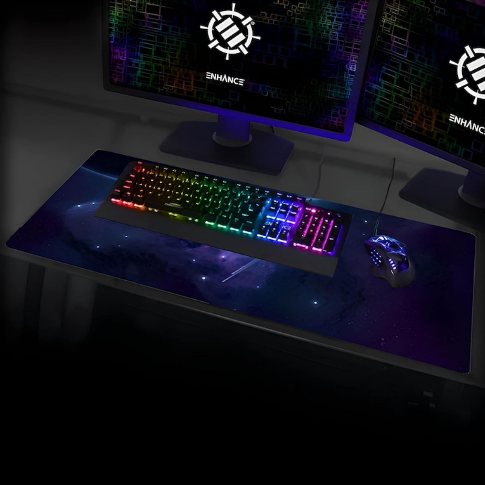 Mousepad Mare Cauciucat, Pentru Gaming, Birou, Office, Antiderapant, Cusaturi Anti-Rupere, Waterproof, model Cosmos, 90 x 40cm, Albastru/Negru