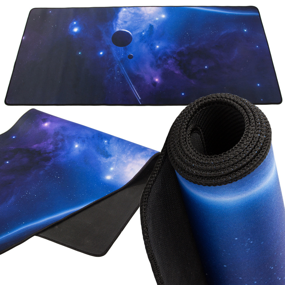 Mousepad Mare Cauciucat, Pentru Gaming, Birou, Office, Antiderapant, Cusaturi Anti-Rupere, Waterproof, model Cosmos, 90 x 40cm, Albastru/Negru