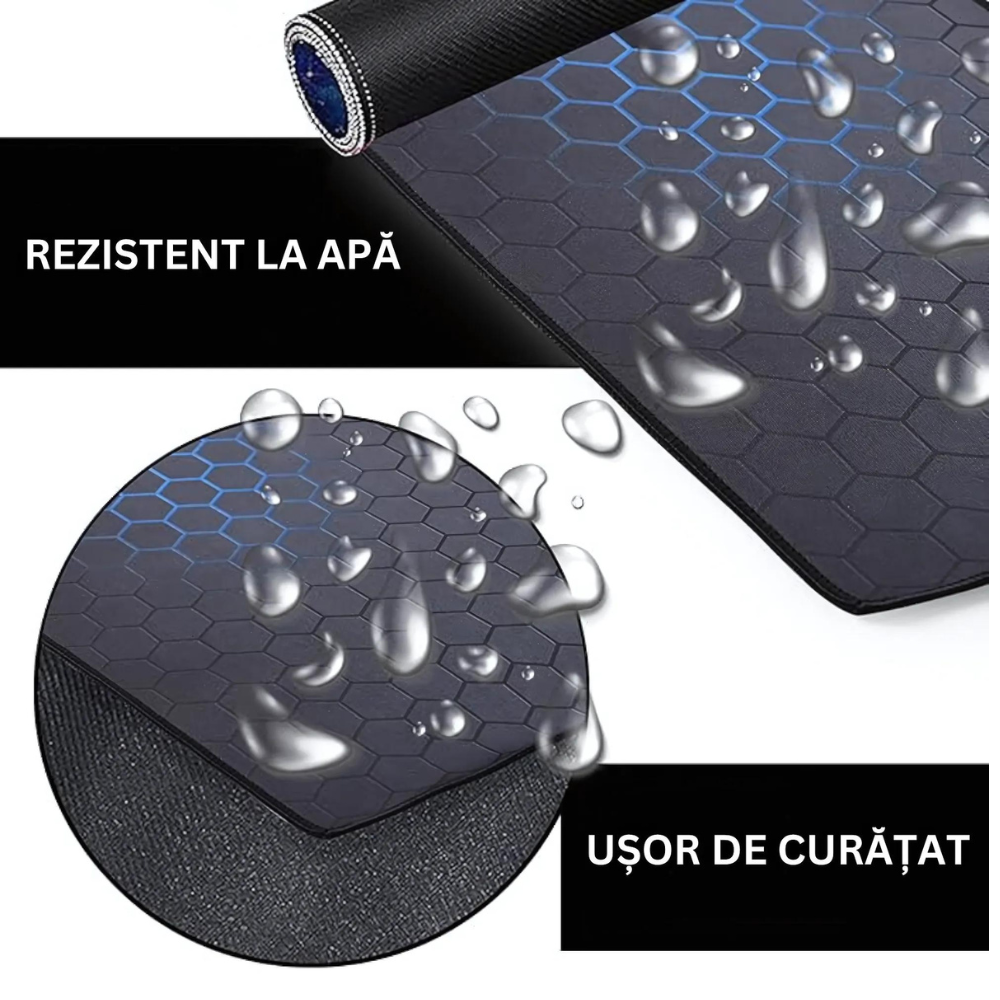 Mousepad Mare Cauciucat, Pentru Gaming, Birou, Office, Antiderapant, Cusaturi Anti-Rupere, Waterproof, model Honeycomb, 90 x 40cm, Albastru/Negru
