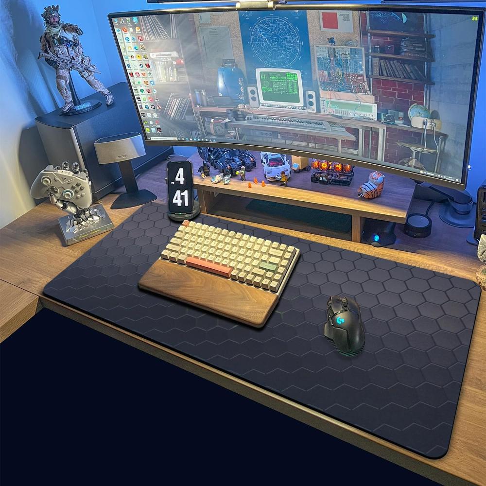 Mousepad Mare Cauciucat, Pentru Gaming, Birou, Office, Antiderapant, Cusaturi Anti-Rupere, Waterproof, model Honeycomb, 90 x 40cm, Albastru/Negru