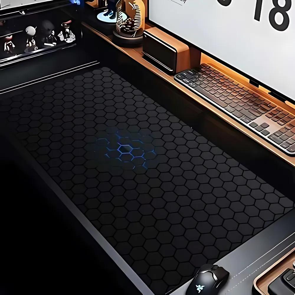 Mousepad Mare Cauciucat, Pentru Gaming, Birou, Office, Antiderapant, Cusaturi Anti-Rupere, Waterproof, model Honeycomb, 90 x 40cm, Albastru/Negru