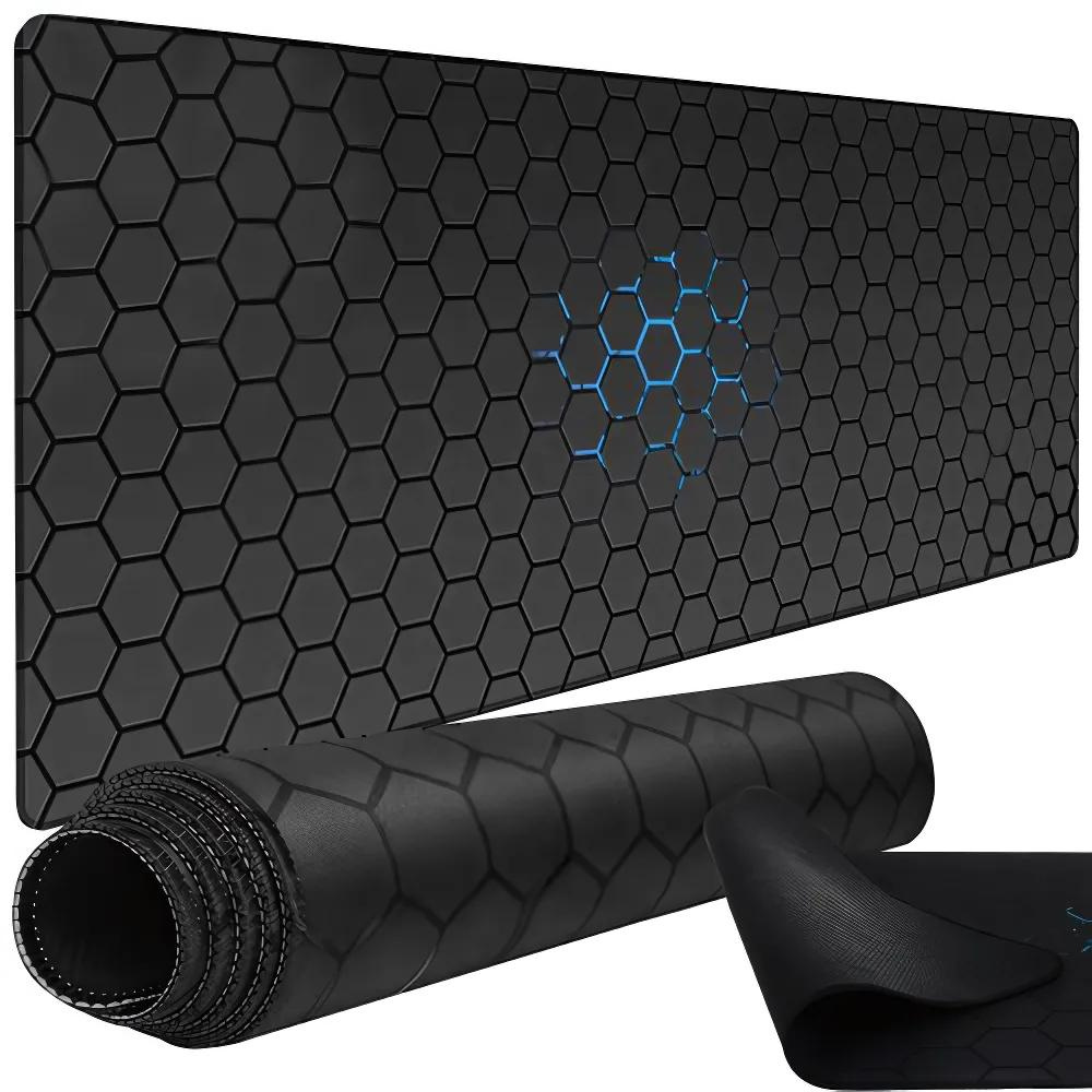 Mousepad Mare Cauciucat, Pentru Gaming, Birou, Office, Antiderapant, Cusaturi Anti-Rupere, Waterproof, model Honeycomb, 90 x 40cm, Albastru/Negru
