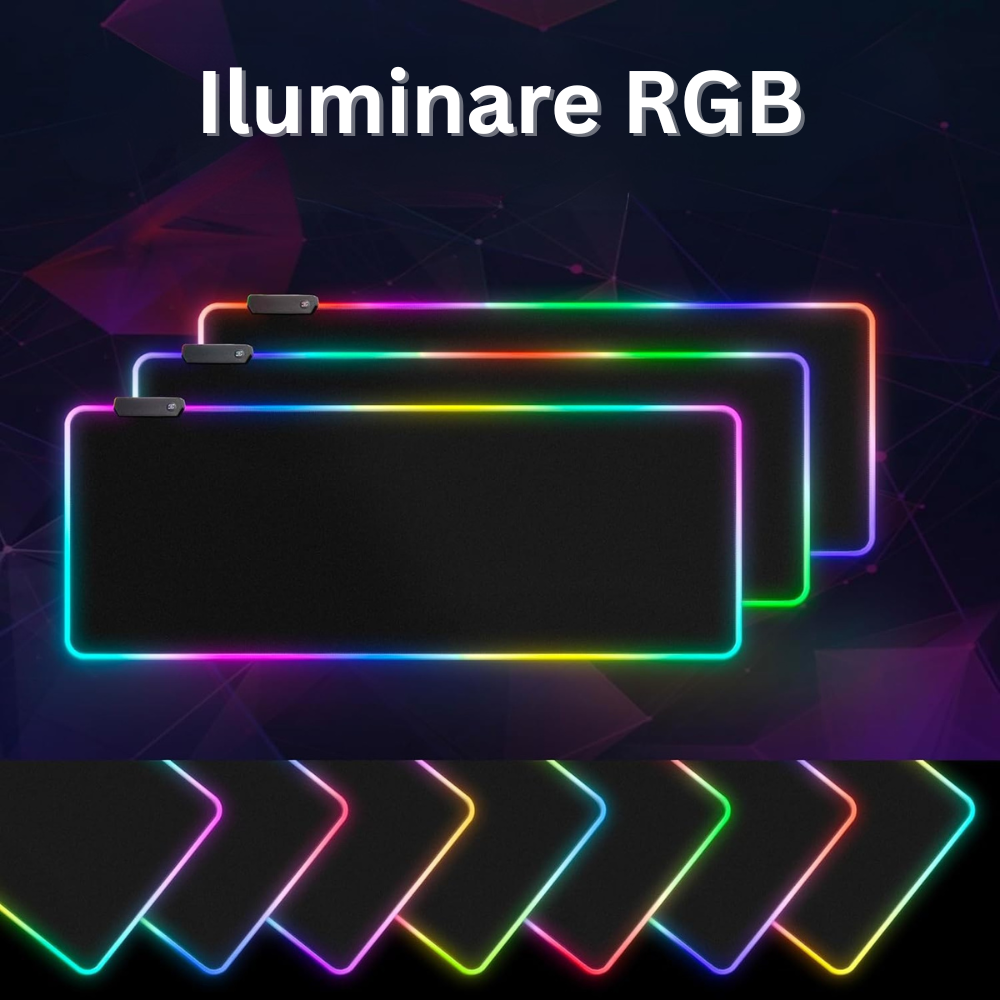 Mousepad Mare Cauciucat, Pentru Gaming, Birou, Office, cu Iluminare LED RGB, Antiderapant, Cusaturi Anti-Rupere, Waterproof, model Simplu, Cablu USB Inclus, 80 x 30cm, Negru