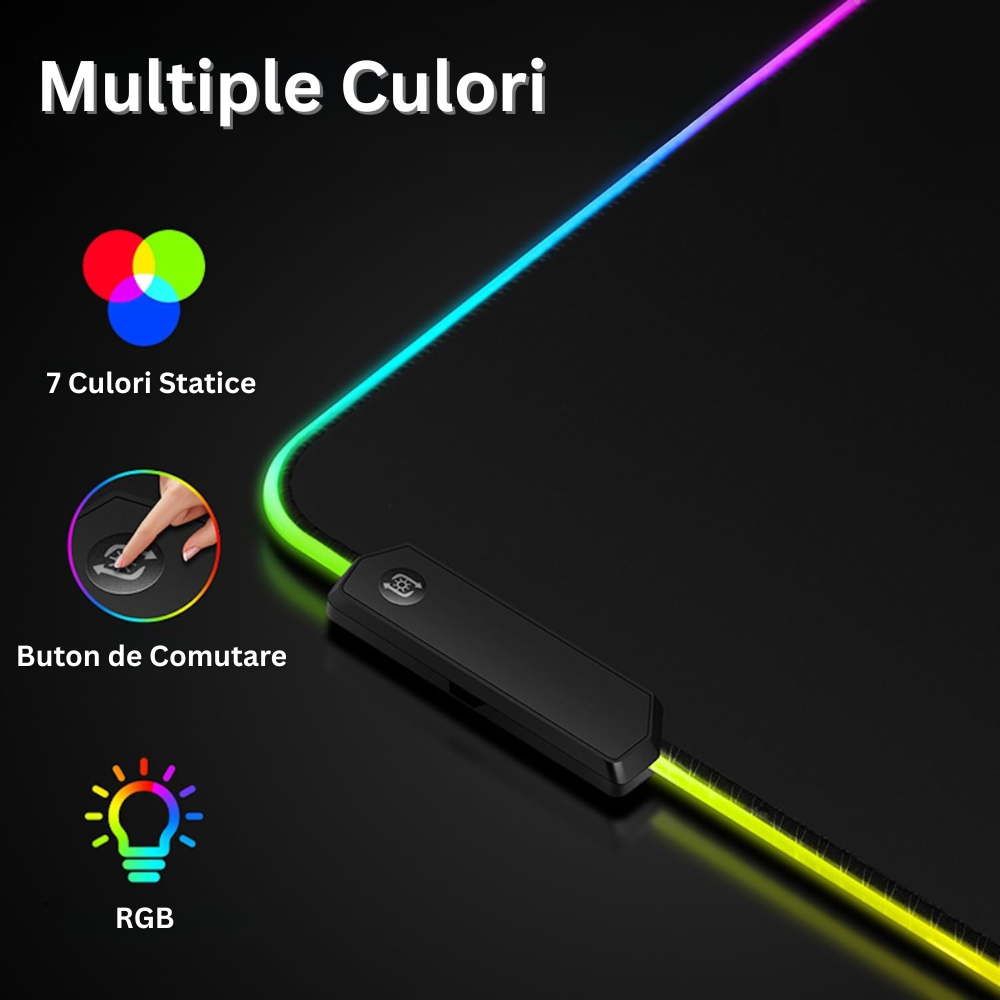 Mousepad Mare Cauciucat, Pentru Gaming, Birou, Office, cu Iluminare LED RGB, Antiderapant, Cusaturi Anti-Rupere, Waterproof, model Simplu, Cablu USB Inclus, 80 x 30cm, Negru