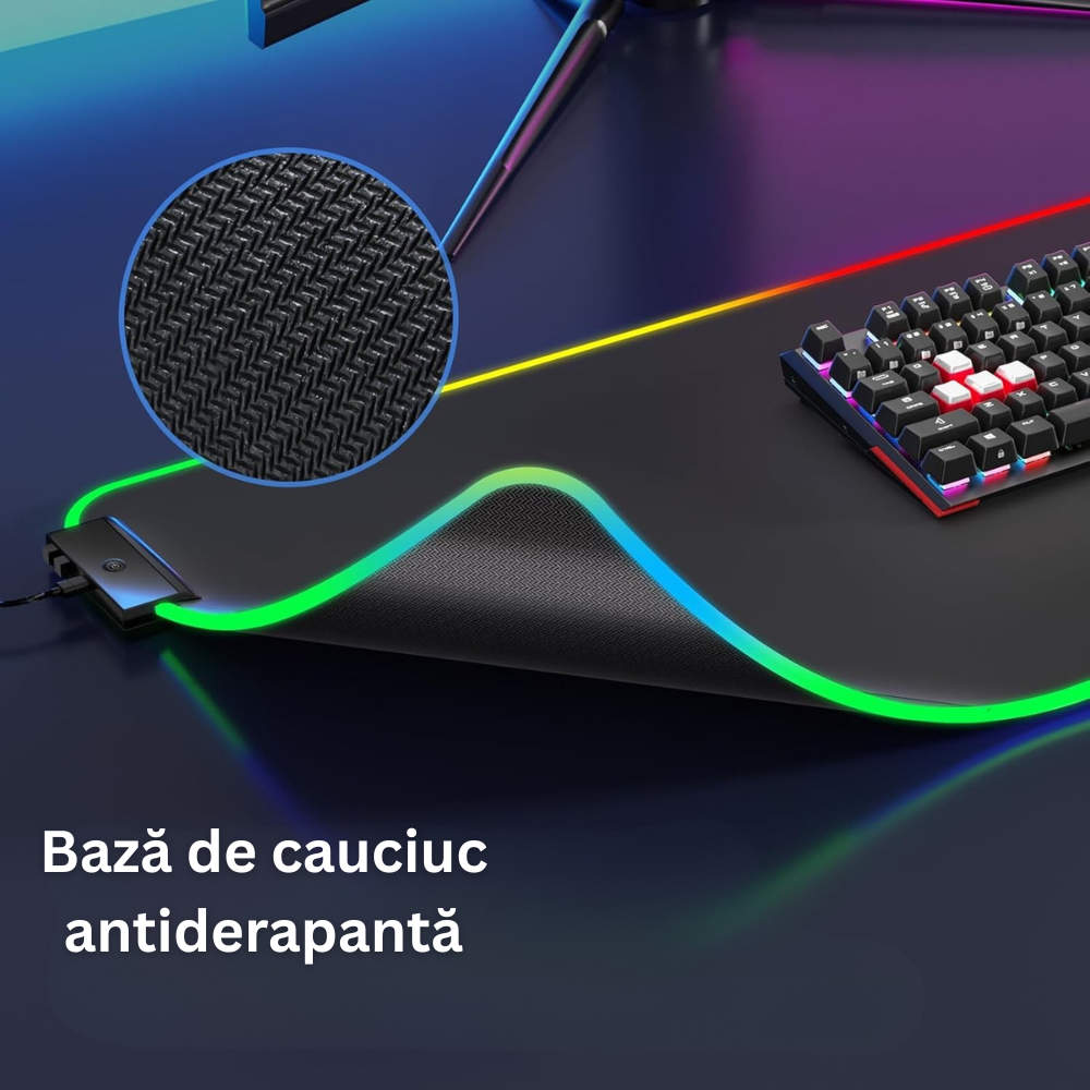 Mousepad Mare Cauciucat, Pentru Gaming, Birou, Office, cu Iluminare LED RGB, Antiderapant, Cusaturi Anti-Rupere, Waterproof, model Simplu, Cablu USB Inclus, 80 x 30cm, Negru