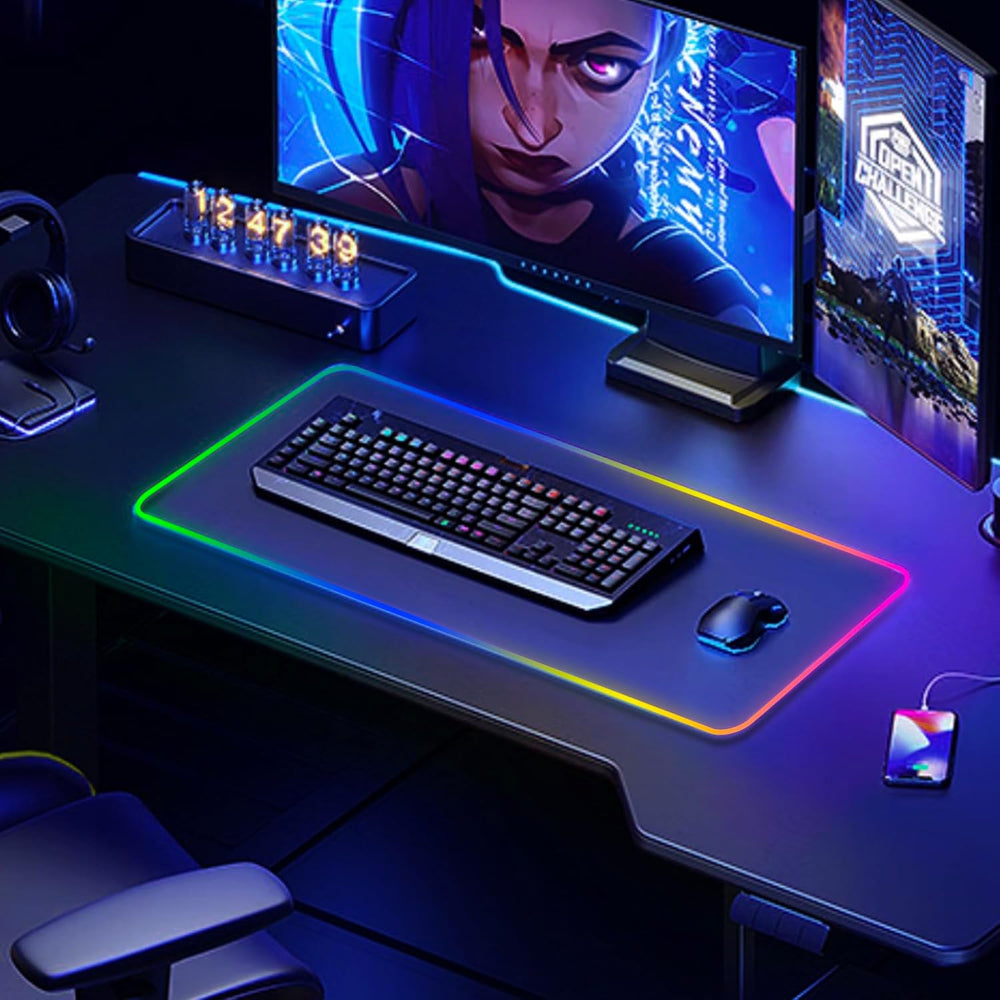 Mousepad Mare Cauciucat, Pentru Gaming, Birou, Office, cu Iluminare LED RGB, Antiderapant, Cusaturi Anti-Rupere, Waterproof, model Simplu, Cablu USB Inclus, 80 x 30cm, Negru