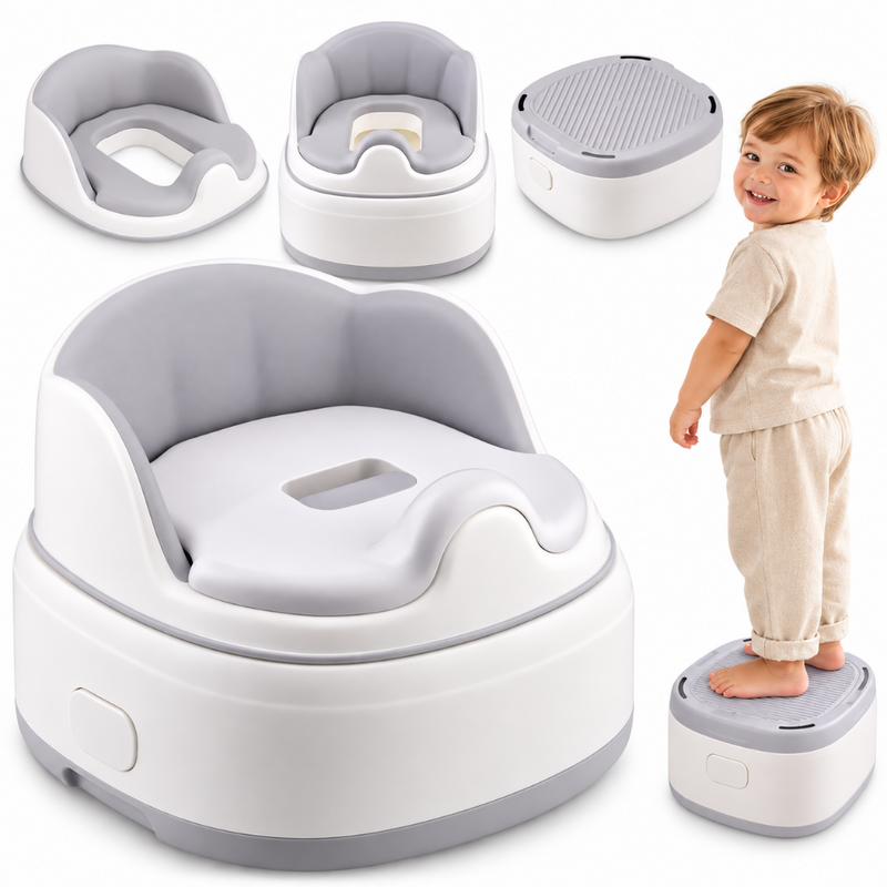 Olita Multifunctionala 3 in 1 pentru Copii, Reductor Toaleta, Inaltator, Recipient Detasabil, Perna Moale, Spatar Ergonomic, Baza Anti-Alunecare, Anti-Stropire, Usor de Curatat, Capac, Alb/Gri