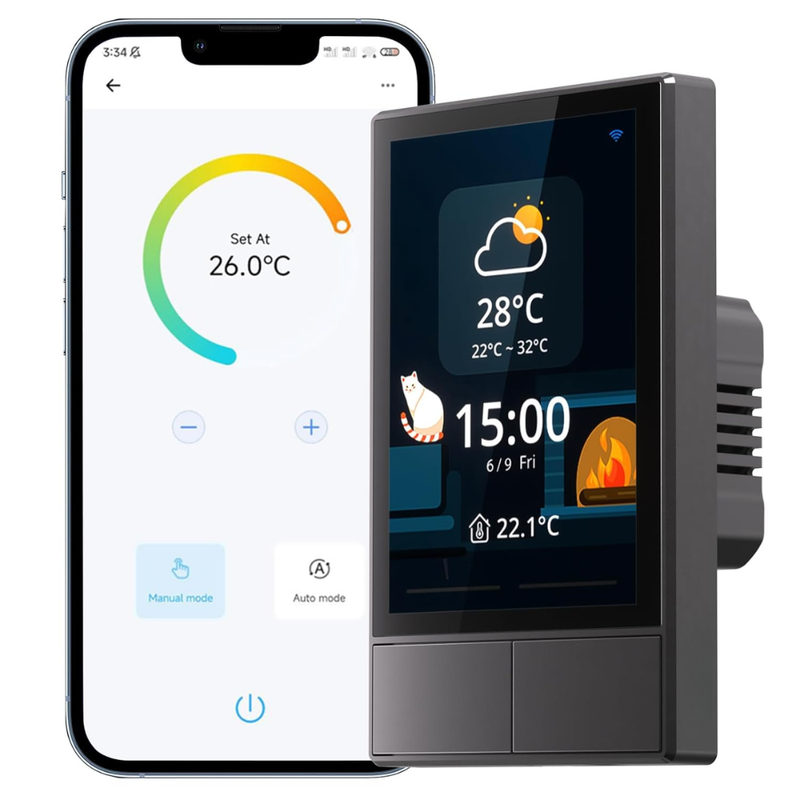 Panou de Control Inteligent WiFi, Touchscreen, 2 Canale, Control Temperatura, Vreme, Ora, Aplicatie Mobila, Control Vocal, Compatibil Amazon Alexa, Google Assistant, pentru Locuinta Smart, Negru