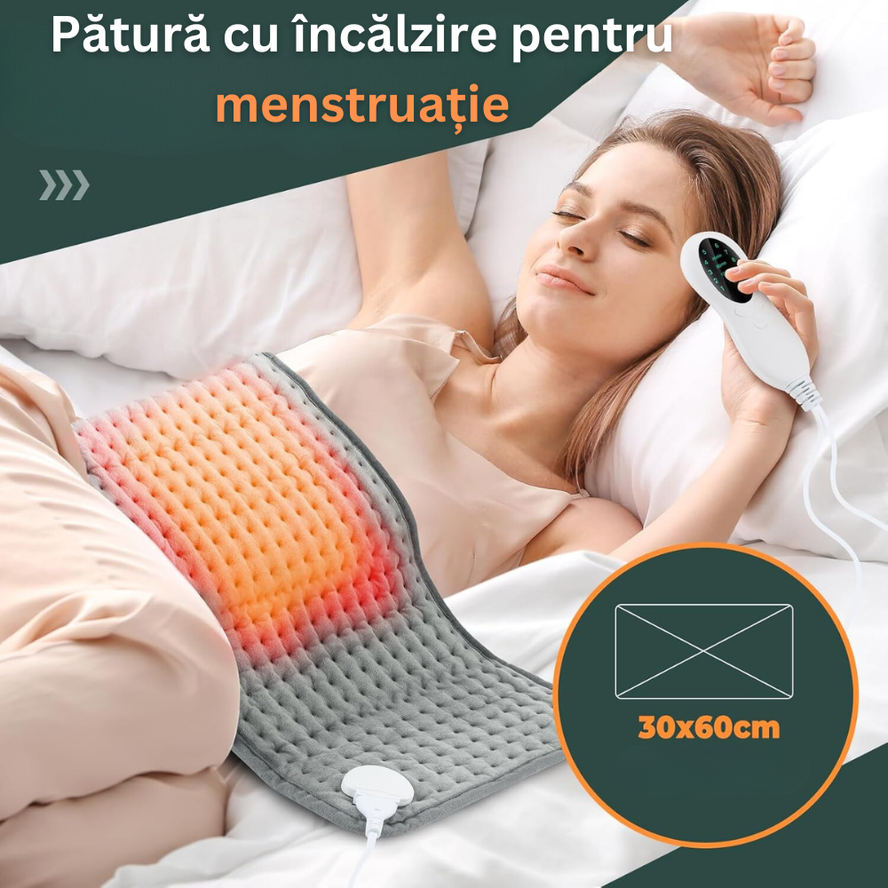 Patura Electrica cu Incalzire tip Pad, 10 Nivele de Temperatura, Telecomanda cu Afisaj, Timmer, Oprire Automata, pentru Dureri Musculare, Articulare, Menstruale, Ciclu, Protectie la Supraincalzire, Moale si Placuta la Atingere, 60 x 30 cm, Gri