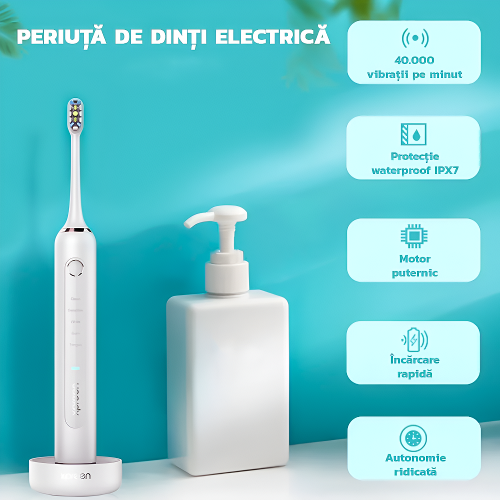 Periuta de Dinti Electrica Sonica, 40000 Pulsatii/min, 5 Moduri de Curatare, Rezistent la Apa IPX7, 2000mAh, Incarcare Wireless, Autonomie 60 Zile, 1 Capat Inclus, Alb
