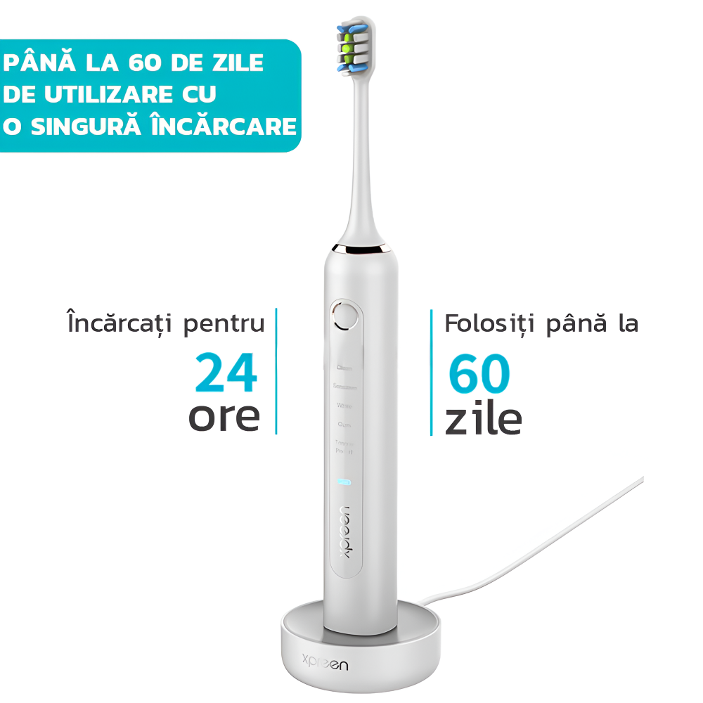 Periuta de Dinti Electrica Sonica, 40000 Pulsatii/min, 5 Moduri de Curatare, Rezistent la Apa IPX7, 2000mAh, Incarcare Wireless, Autonomie 60 Zile, 1 Capat Inclus, Alb