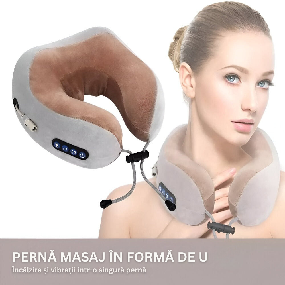 Perna pentru Masaj la Gat, Suport Cervical, din Spuma cu Memorie, in forma de U, 3 Functii, Miscare Circulara, Relaxarea Muschilor, Pozitie Confortabila, Incalzire, Husa Detasabila, pentru Acasa, Birou, Masina sau Calatorii, Incarcare USB, Gri