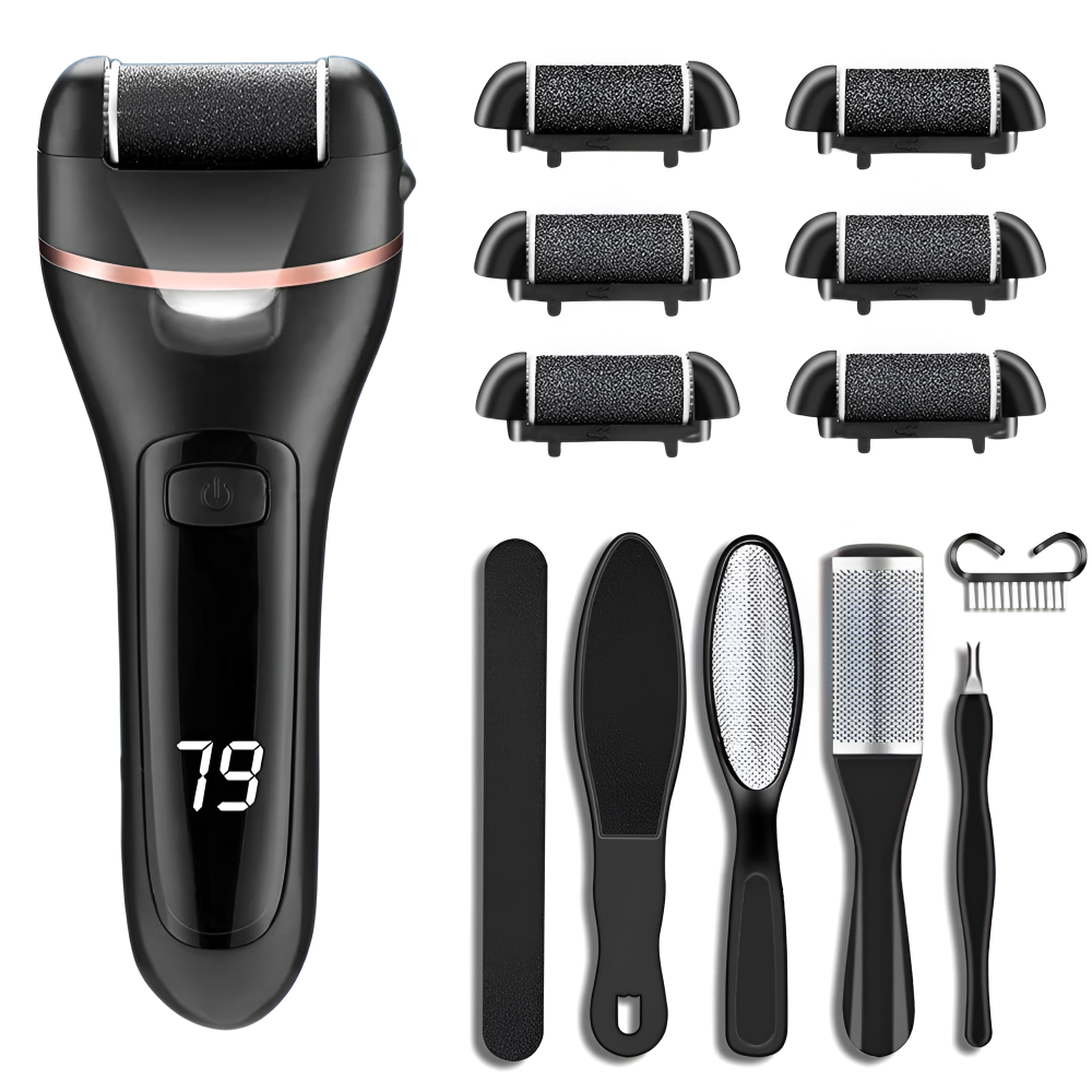 Pila Electrica pentru Talpi, Calcaie, Bataturi si Piele Moarta, Afisaj LCD Baterie, Lanterna LED, 2 Viteze, 2000 rot/min, Incarcare USB, Rezistent la Apa, 6 Capete, Accesorii Incluse, Negru