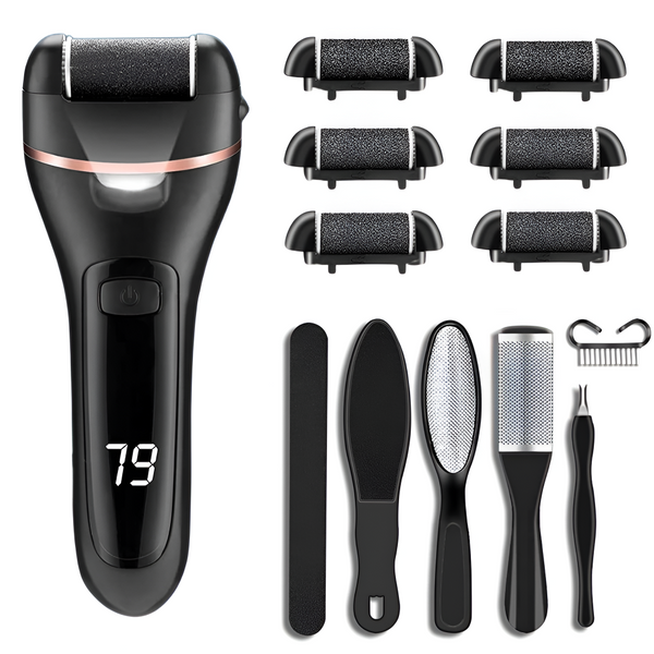 Pila Electrica pentru Talpi, Calcaie, Bataturi si Piele Moarta, Afisaj LCD Baterie, Lanterna LED, 2 Viteze, 2000 rot/min, Incarcare USB, Rezistent la Apa, 6 Capete, Accesorii Incluse, Negru