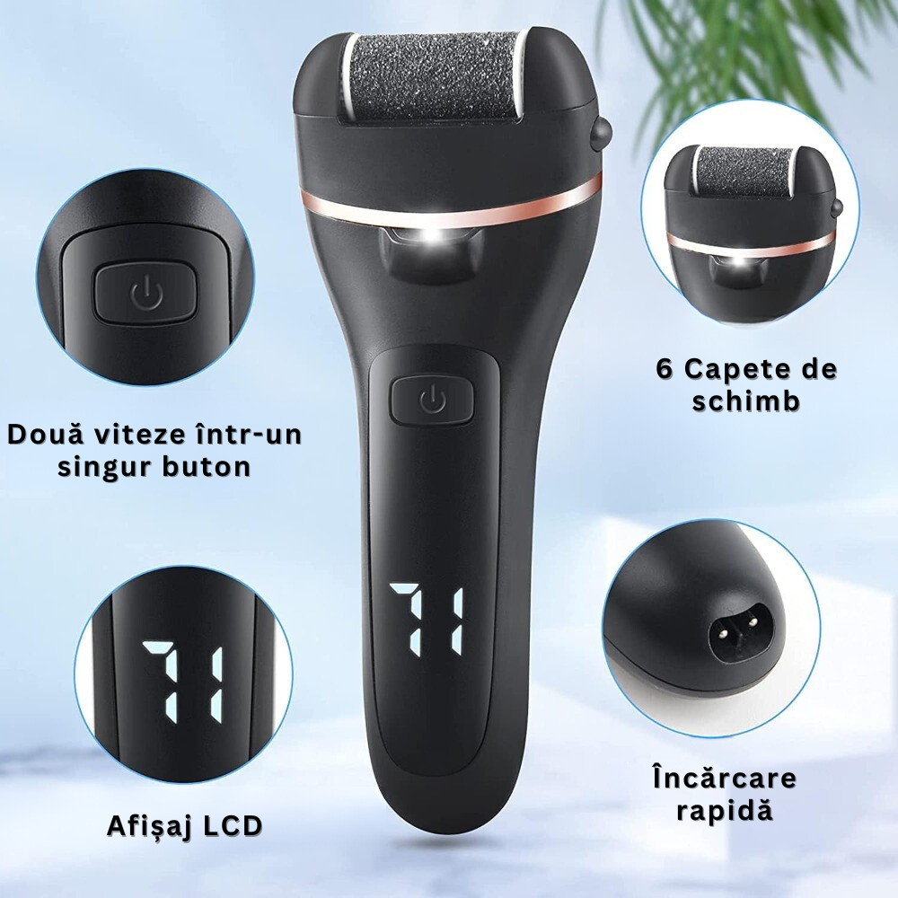 Pila Electrica pentru Talpi, Calcaie, Bataturi si Piele Moarta, Afisaj LCD Baterie, Lanterna LED, 2 Viteze, 2000 rot/min, Incarcare USB, Rezistent la Apa, 6 Capete, Accesorii Incluse, Negru