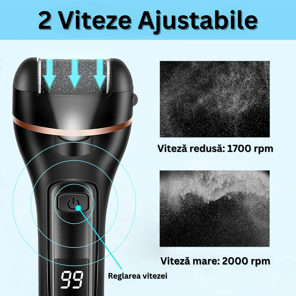 Pila Electrica pentru Talpi, Calcaie, Bataturi si Piele Moarta, Afisaj LCD Baterie, Lanterna LED, 2 Viteze, 2000 rot/min, Incarcare USB, Rezistent la Apa, 6 Capete, Accesorii Incluse, Negru