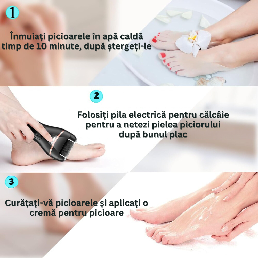 Pila Electrica pentru Talpi, Calcaie, Bataturi si Piele Moarta, Afisaj LCD Baterie, Lanterna LED, 2 Viteze, 2000 rot/min, Incarcare USB, Rezistent la Apa, 6 Capete, Accesorii Incluse, Negru
