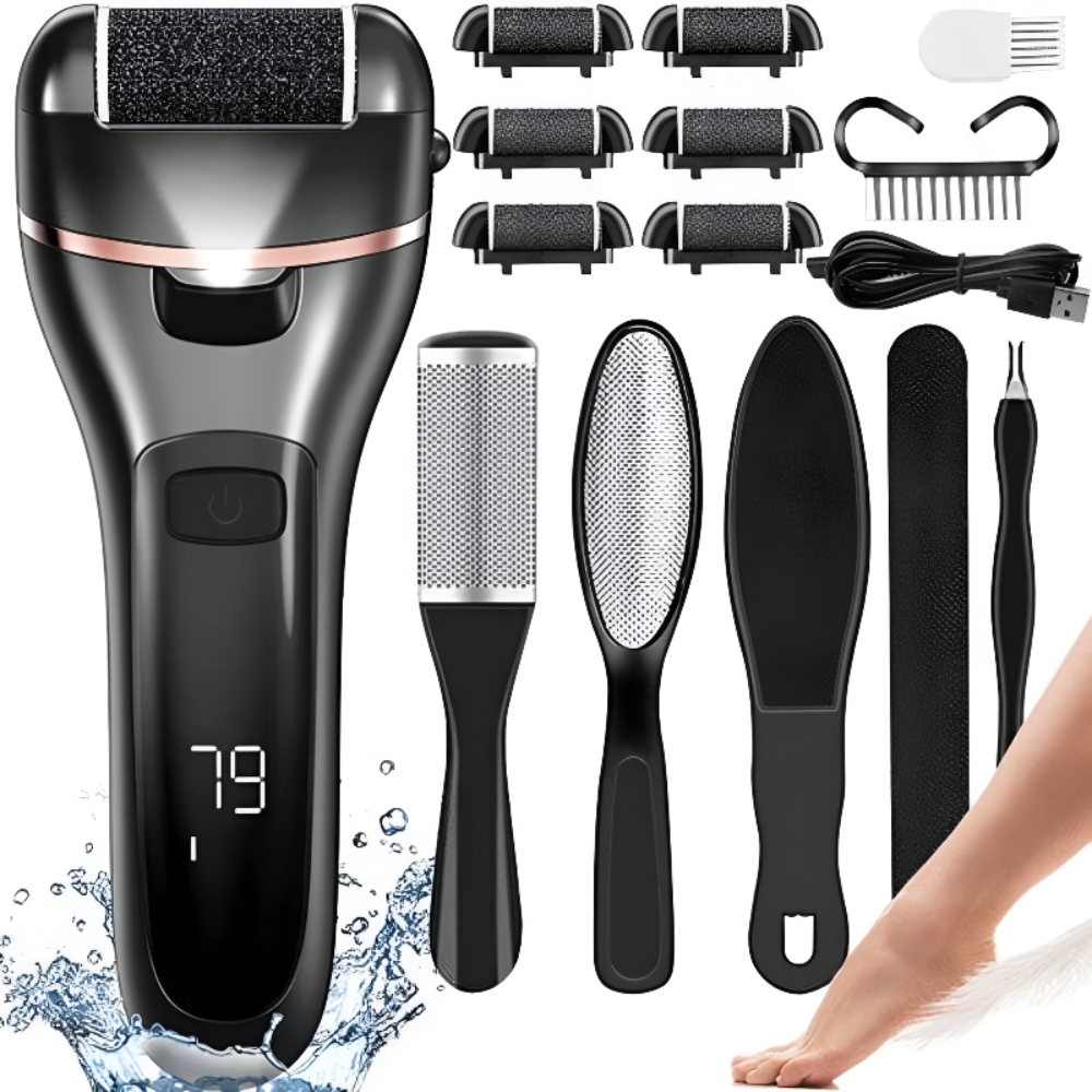 Pila Electrica pentru Talpi, Calcaie, Bataturi si Piele Moarta, Afisaj LCD Baterie, Lanterna LED, 2 Viteze, 2000 rot/min, Incarcare USB, Rezistent la Apa, 6 Capete, Accesorii Incluse, Negru