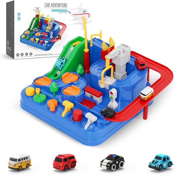 Pista de Masini, Traseu cu Obstacole, Elemente Mobile, Butoane Control, 4 Masinute, de Politie, Pompieri, Curse, Autobuz si Elicopter, Jucarie Interactiva, pentru Copii, Baieti si Fete, + 3 ani, 27 x 27 x 18.5 cm, Multicolor