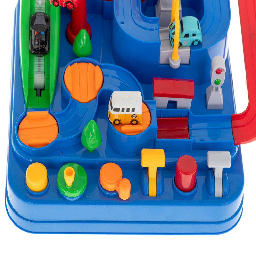 Pista de Masini, Traseu cu Obstacole, Elemente Mobile, Butoane Control, 4 Masinute, de Politie, Pompieri, Curse, Autobuz si Elicopter, Jucarie Interactiva, pentru Copii, Baieti si Fete, + 3 ani, 27 x 27 x 18.5 cm, Multicolor