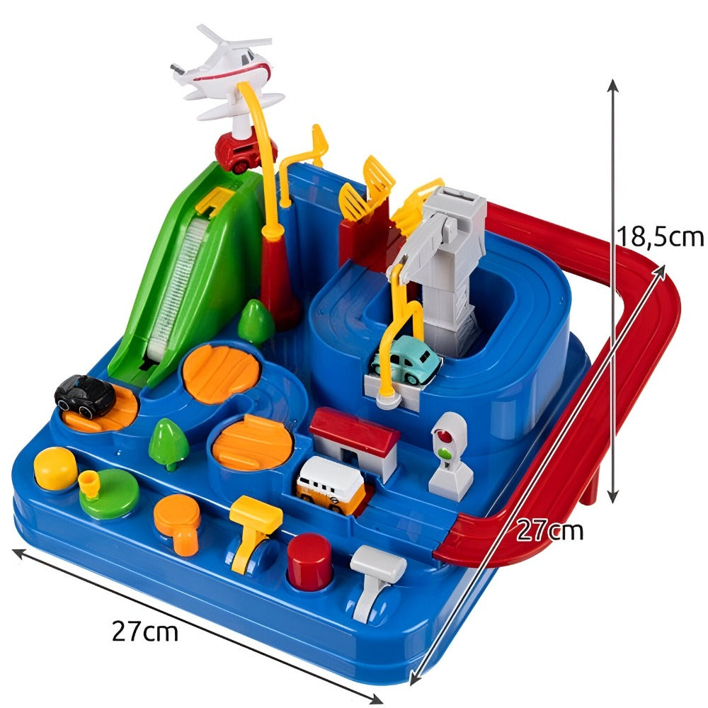 Pista de Masini, Traseu cu Obstacole, Elemente Mobile, Butoane Control, 4 Masinute, de Politie, Pompieri, Curse, Autobuz si Elicopter, Jucarie Interactiva, pentru Copii, Baieti si Fete, + 3 ani, 27 x 27 x 18.5 cm, Multicolor