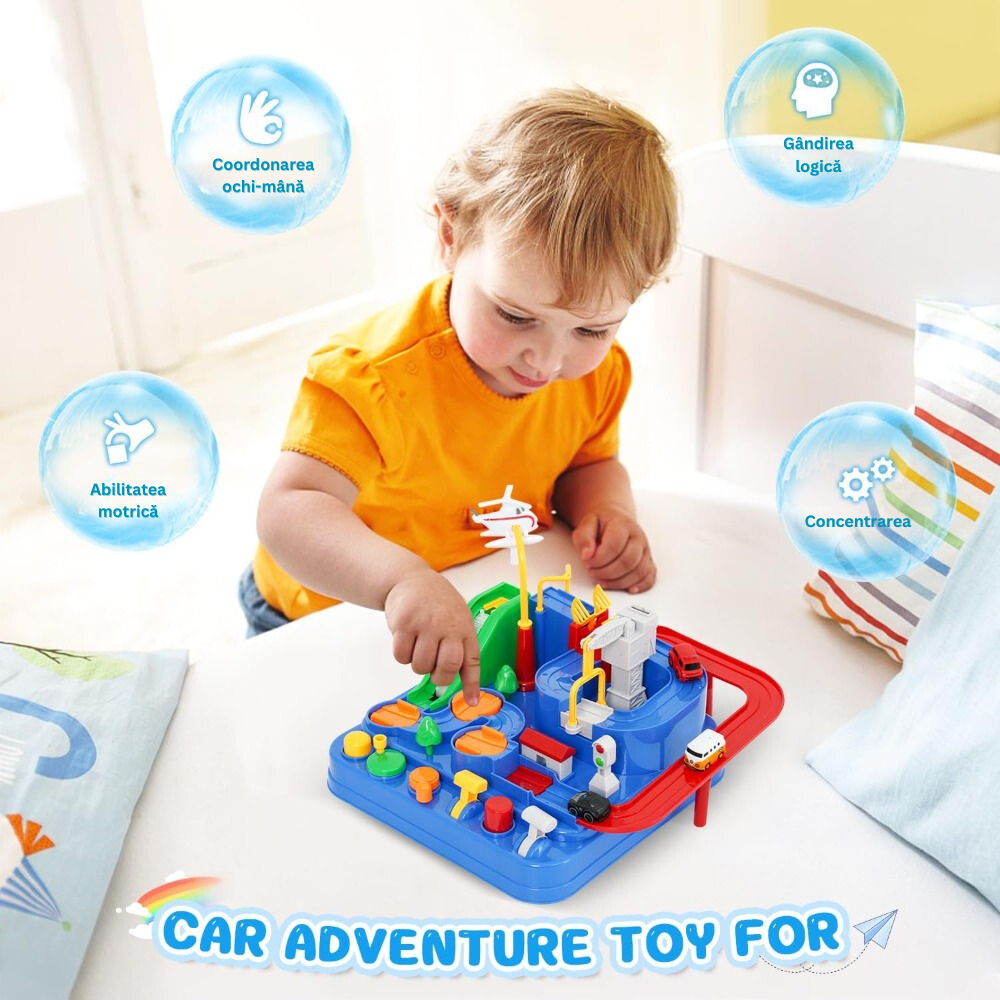 Pista de Masini, Traseu cu Obstacole, Elemente Mobile, Butoane Control, 4 Masinute, de Politie, Pompieri, Curse, Autobuz si Elicopter, Jucarie Interactiva, pentru Copii, Baieti si Fete, + 3 ani, 27 x 27 x 18.5 cm, Multicolor