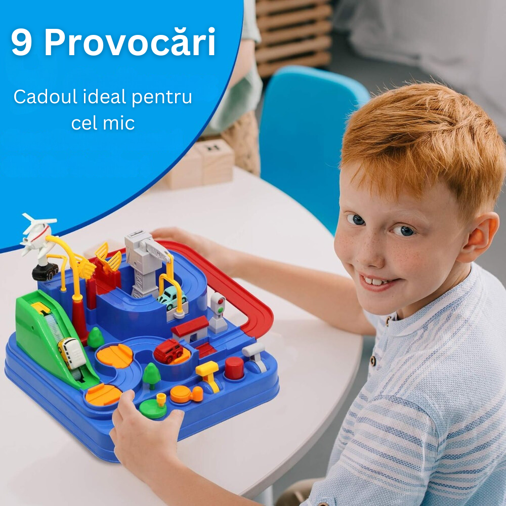Pista de Masini, Traseu cu Obstacole, Elemente Mobile, Butoane Control, 4 Masinute, de Politie, Pompieri, Curse, Autobuz si Elicopter, Jucarie Interactiva, pentru Copii, Baieti si Fete, + 3 ani, 27 x 27 x 18.5 cm, Multicolor