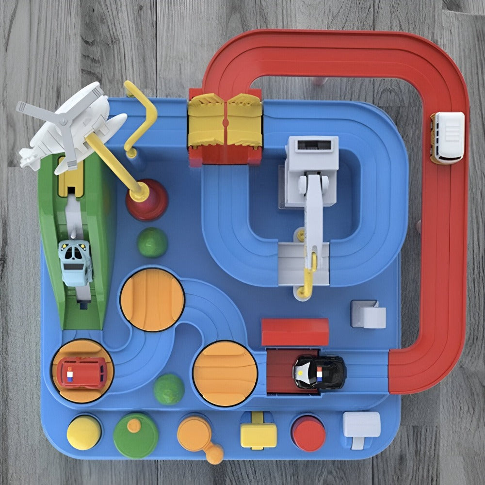 Pista de Masini, Traseu cu Obstacole, Elemente Mobile, Butoane Control, 4 Masinute, de Politie, Pompieri, Curse, Autobuz si Elicopter, Jucarie Interactiva, pentru Copii, Baieti si Fete, + 3 ani, 27 x 27 x 18.5 cm, Multicolor