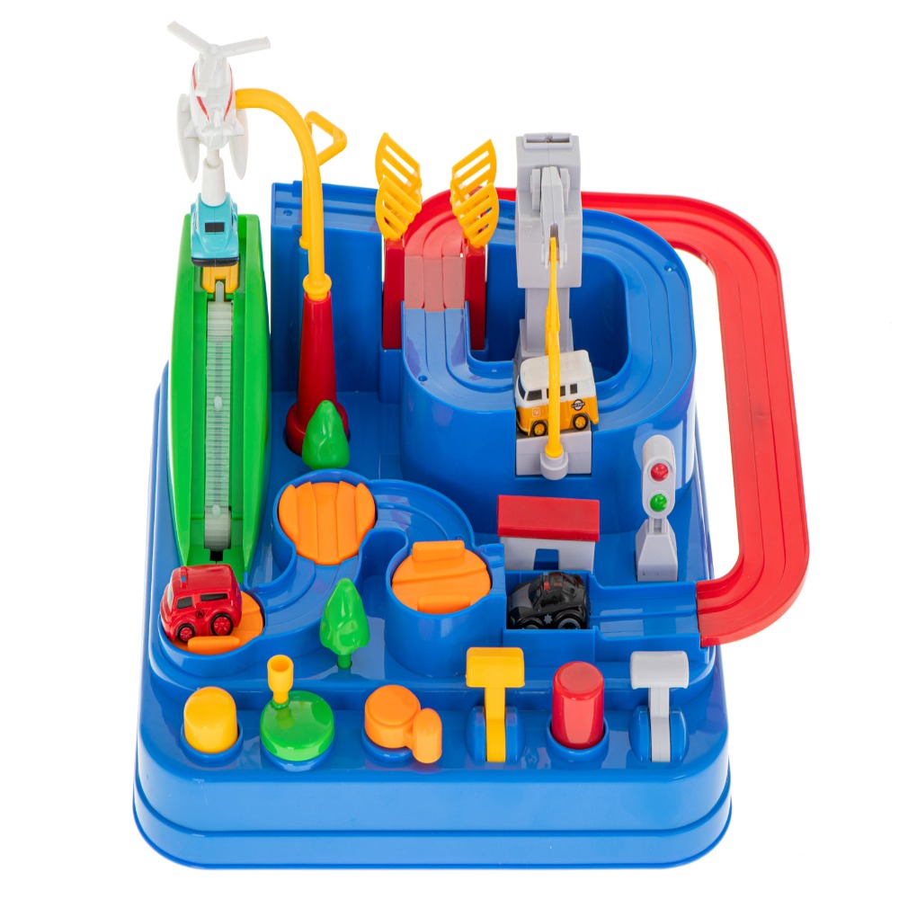 Pista de Masini, Traseu cu Obstacole, Elemente Mobile, Butoane Control, 4 Masinute, de Politie, Pompieri, Curse, Autobuz si Elicopter, Jucarie Interactiva, pentru Copii, Baieti si Fete, + 3 ani, 27 x 27 x 18.5 cm, Multicolor