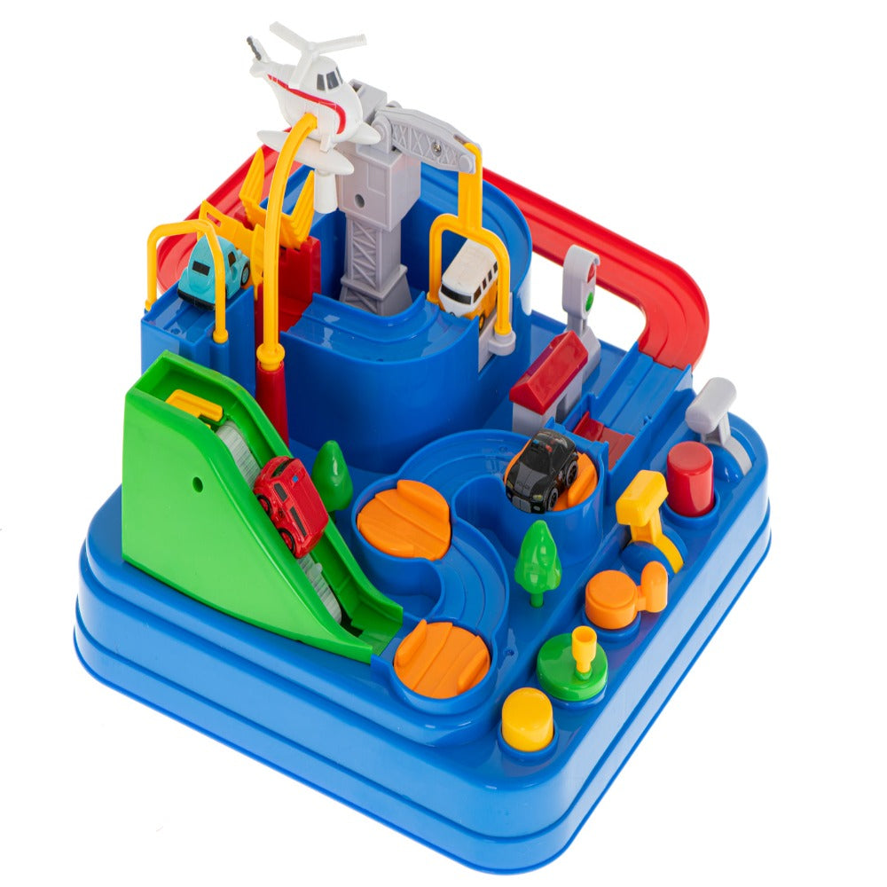 Pista de Masini, Traseu cu Obstacole, Elemente Mobile, Butoane Control, 4 Masinute, de Politie, Pompieri, Curse, Autobuz si Elicopter, Jucarie Interactiva, pentru Copii, Baieti si Fete, + 3 ani, 27 x 27 x 18.5 cm, Multicolor