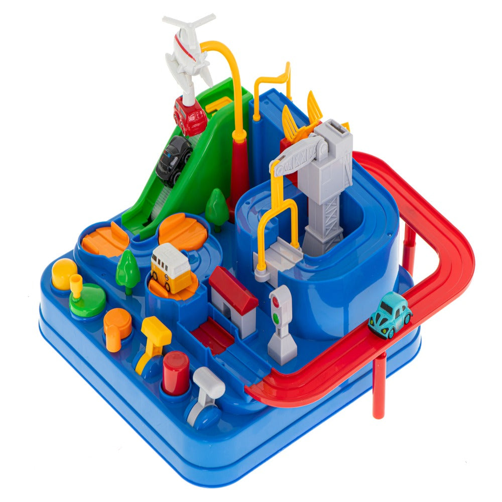 Pista de Masini, Traseu cu Obstacole, Elemente Mobile, Butoane Control, 4 Masinute, de Politie, Pompieri, Curse, Autobuz si Elicopter, Jucarie Interactiva, pentru Copii, Baieti si Fete, + 3 ani, 27 x 27 x 18.5 cm, Multicolor