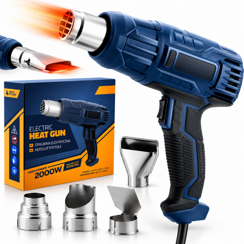 Pistol cu Aer Cald, 2000W, 2 Trepte de Temperatura 350-600°C, Debit Aer 300–500 l/min, Maner din Cauciuc, 4 Duze Incluse, 23 × 20,5 × 7,5 cm, Albastru/Negru
